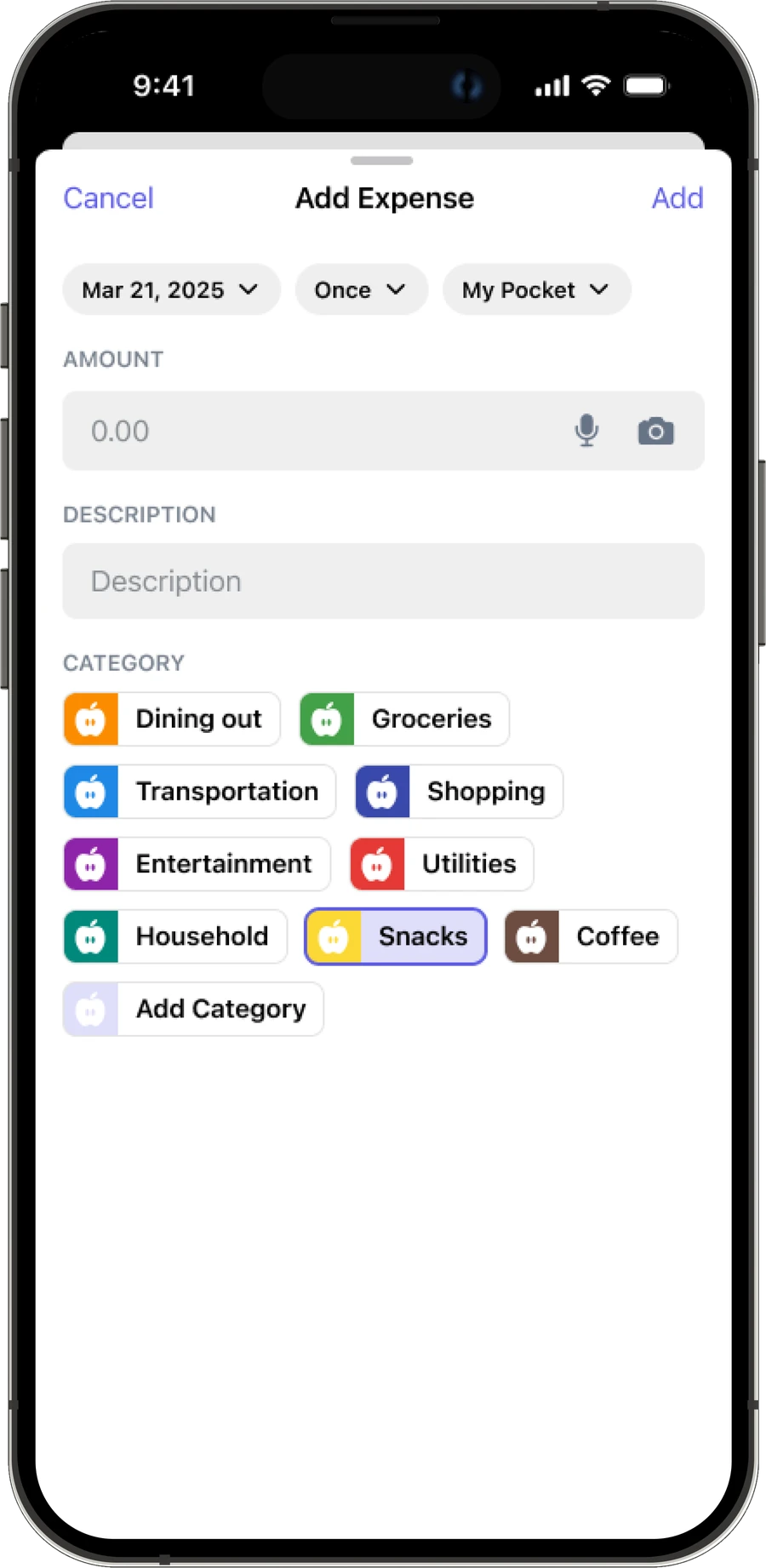 Add Expense form with fields for amount, description, and category