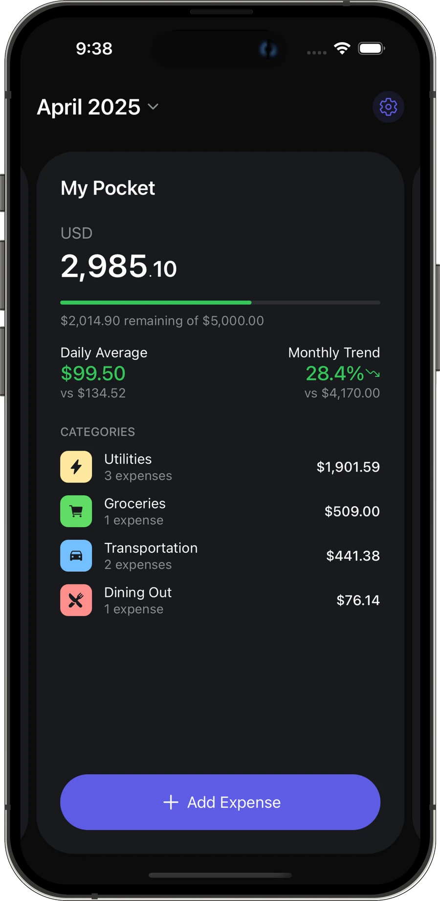Budget Ally pocket overview in dark mode